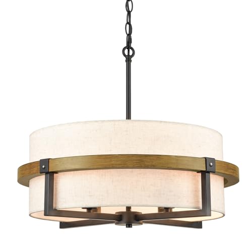 AXILAND Rustic Drum Chandelier 4-Light Dining Room Chandelier with Off-White Fabric Shade