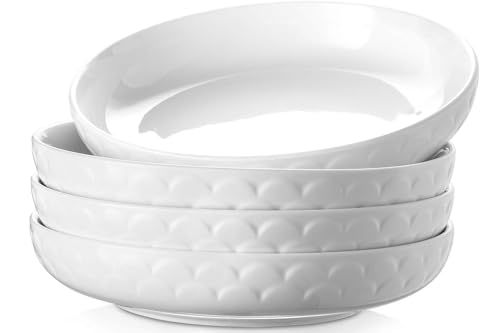 DOWAN 10'' Pasta Bowls Set of 4, 54 oz Textured Motif Large Salad Serving Bowls, Ceramic Plates, White Soup Bowl for Kitchen Meal Prep, Shallow Dishes Dinner Bowl Microwave Tableware