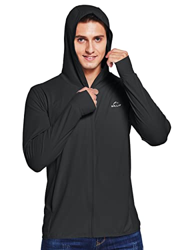 Willit Men's UPF 50+ Light Jacket Sun Protection Hooded SPF UV Jacket Hiking Fishing Shirt Long Sleeve Full Zip Black L
