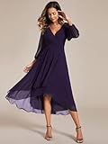 Ever-Pretty Women's Chiffon V Neck Long Sleeves Pleated A-Line Midi Length Wedding Guest Dress Dark Purple US14