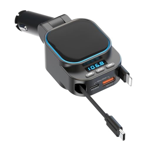 Retractable Car Charger 96W with Bluetooth Car Adapter, 4 in 1 Fast Charging, Radio Bluetooth 5.3 FM Transmitter, Handsfree Calling, USB C Phone car Charger Adapter for iPhone 16 15 14 13 12
