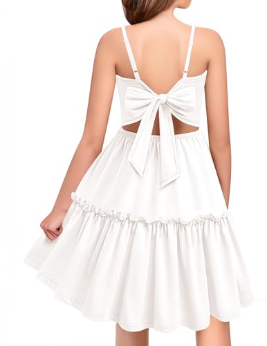 Arshiner Girl Dresses Tie Back Casual Teen Summer Ruffle White Sundress with Pockets A-Line Wedding Princess Dress Tween Size 14 Dresses