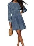 Conshvi Denim Dress for Women 2024 Fall Long Sleeve Crewneck Denim Mini Dress Cute Ruffle Swing A Line Jean Dress, Blue, Large