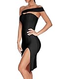 Women's One Shoulder Side Split Bandage Bodycon Club Midi Dresses (XS, Black)