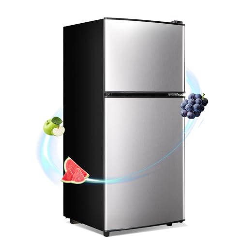 rosmena Apartment Size Refrigerator, 3.6 Cu.Ft Small Refrigerator with Freezer Suitable for Apartment, Office, Kitchen, Dorm, Compact Fridge with 7 Temperature Modes, Double Door, Silver