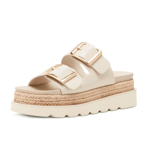 DOEYG Beige Platform Sandals for Women Summer Beach Flatform Slide Sandals Wedges Comfortable Casual Raffia Straw Crochet Espadrille Slides Size 8