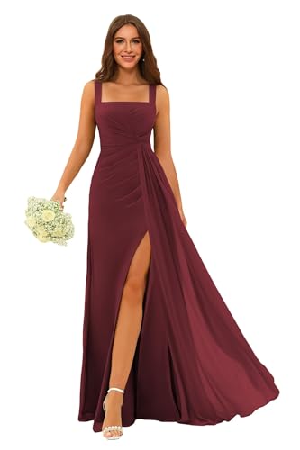 Stylefun Chiffon Square Neck Burgundy Bridesmaid Dress for Women Long Pleated A Line Bridesmaid Dresses with Slit 14