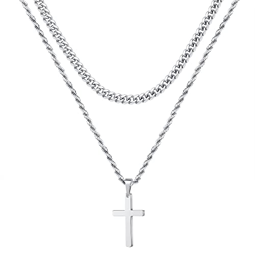 Yooblue Cross Necklace for Men - Stainless Steel Cross Chain Necklace for Men, Mens Jewelry Cross Pendant Cross Necklace, Layered Silver Chain for Men