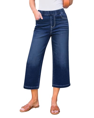 GRAPENT Jeans for Women High Waist Women Capri Pants Womens Elastic Waist Jean Capris Wide Leg Crop Capri JPants for Summer Stretch Womens Wide Leg Color Darkness Blue Large Size 12 to 14