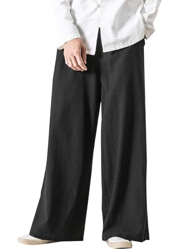 Flygo Mens Linen Pants Casual Wide Leg Baggy Pants Summer Cotton Elastic Waist Yoga Beach Palazzo Trousers(Black-S)