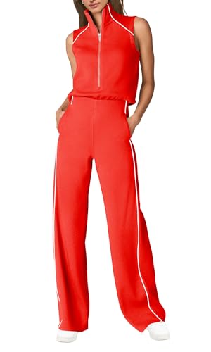SENSERISE Womens Summer Jumpsuits Dressy Casual Sleeveless Mock Neck Top Wide Leg Pants Romper with Pockets(Red,S)