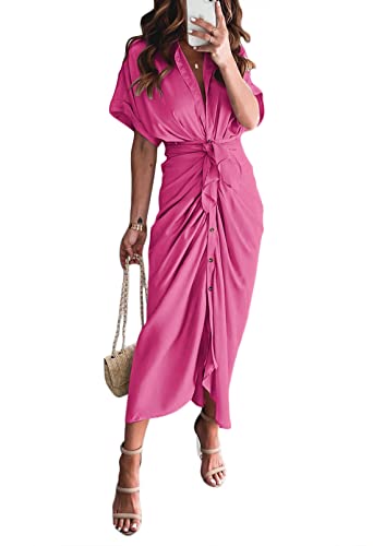 Satin Shirt Dress Women Short Sleeve Button Down Ruched Bodycon Long Maxi Dresses with Belt Rose S