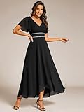 Ever-Pretty Women's Formal Dress V Neck Ruffles Sleeves Empire Waist A Line Pleated Chiffon Evening Dresses Black US6