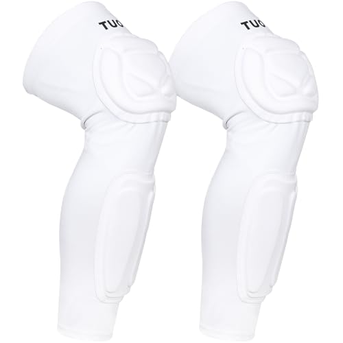 Dialudon Padded Knee Calf Compression Pads Long Leg Sleeves Football Basketball Volleyball Shin Brace Double Crashproof Knee & Calf Pads for Youth Adult White M (1 Pair)