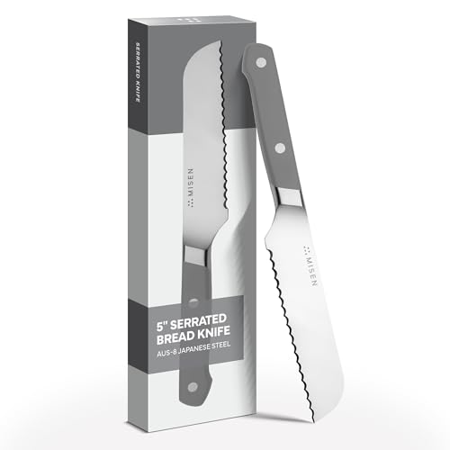 Misen Serrated Bread Knife – High-Carbon Japanese AUS8 Steel – Effortless Slicing of Bread, Pastries, and Fruits – Razor-Sharp Edge and Durable Blade with Ergonomic Handle - 5", Gray