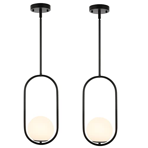 BYOLIIMA Modern Globe Pendant Light Mid Century Chandelier 1-Light Matte Black Ceiling Hanging Lighting Fixture with White Globe Glass Lampshade for Kitchen Island Dining Room Bedroom (2 Pack)