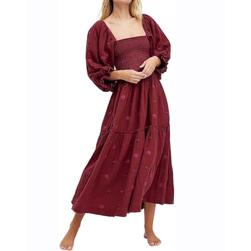 ABYOVRT Women Floral Embroidered Maxi Dress Long Puff Sleeve Square Neck Bohemian Flowy Dress with Pockets Summer Fall