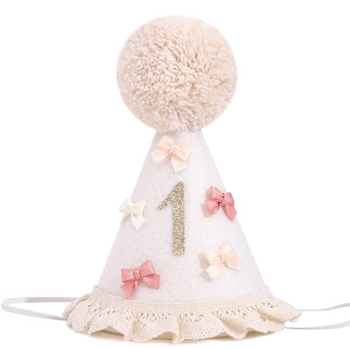 Bow 1st Birthday Hat for Girls – Boho First Birthday Crown, Baby Girl Pink Party Hat, Bow Theme Decorations, Cake Smash Outfit