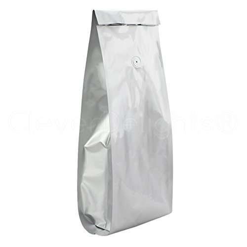 100 Pack - CleverDelights Silver Coffee Bags with Degassing Valve - 5 Pound Bags - Retail Packaging