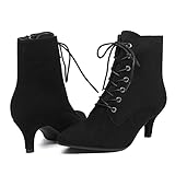 SEIFIN Women's Kitten Heels Lace Up Ankle Boots Low Mid Heeled Side Zipper Short Booties Pointed-toe Shoes(Black suede,us 8)