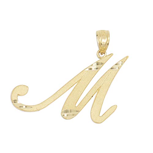 Ice on Fire Jewelry 10k Solid Real Gold Cursive Initial Pendant, English Alpahbet A-Z Letter Charm with Diamond Cut (M)