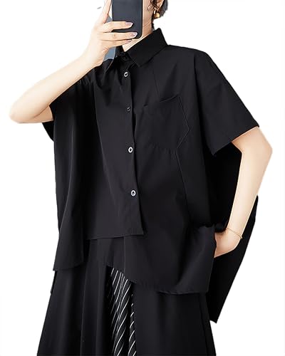 ellazhu Women's Shirt Lapel Short Sleeve Button Down Basic Elegantes Irregular Hem Asymmetrical Cut GZ458 Black
