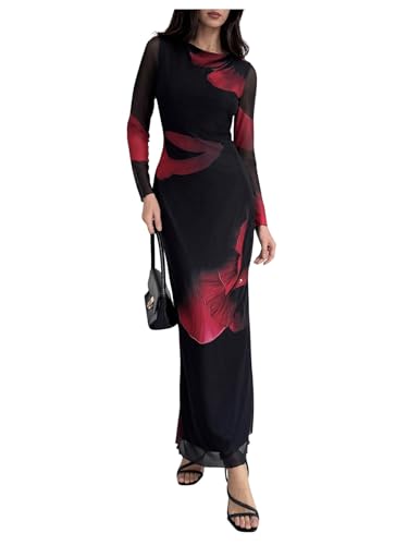 Milumia Women's Tie Dye Mesh Bodycon Dresses Floral Long Sleeve Maxi Dresses Black
