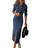 Conshvi Denim Dress for Women Trendy Long Sleeve Button Down Denim Maxi Dress 2024 Fall Bodycon Slit Long Jean Dresses, Blue, X-Large