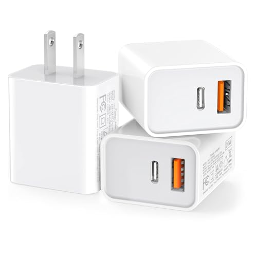 3 Pack USB C Wall Charger, 20W Durable Dual Port QC+PD 3.0 Power Adapter, Double Fast Plug Charging Block for iPhone 13/14/15/16/16 Pro/Pro Max/Plus, XS/XR/X, Watch Series 8/7 Cube，White