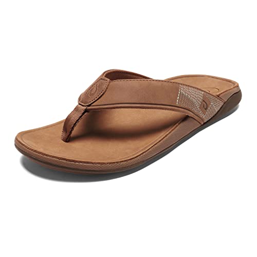 OLUKAI Tuahine Men's Waterproof Leather Sandals, Versatile Beach Flip Flops, Arch Support & Comfort Fit, Lightweight & Durable, Enhanced Grip & Traction, Toffee/Toffee, 11
