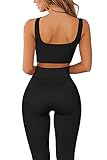 QINSEN Women Padded Sports Bra Fitness Ribbed Workout Sexy Running Shirts Yoga 2 Piece Outfits Black L