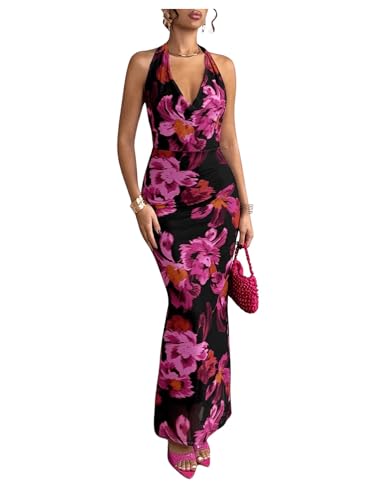 SOLY HUX Women's Floral Print Mesh Halter Bodycon Dress Cowl Neck Tie Backless Maxi Dresses Black Floral Large