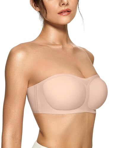 OEAK Womens Strapless Bandeau Bras Non Slip Push Up Wireless Padded Bralette Supportive Seamless Bra Comfortable Tube Bras Skin L