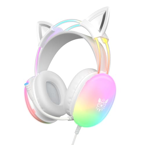 ONITOON Cat Ear Gaming Headset with Mic, RGB Rainbow Lighting, Surround Sound, 3.5mm Wired Over-Ear Headphones for PC/PS4/PS5/Switch/Laptop, Lightweight & Adjustable Headband