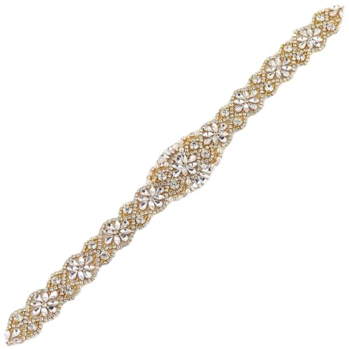 Gold Rhinestone Belts Crystal Wedding Dress Sash Applique with Beaded Jeweled Sequin Diamond Embellishments Hot Fix Iron on for Bridal Bridesmaid Gown Womens Prom Formal Belt Bride Keepsake Gifts