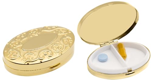 Set of 2 Oval-Shaped Pocket Purse Pill Box & Organizer with Dual Compartments (Gold Victorian)