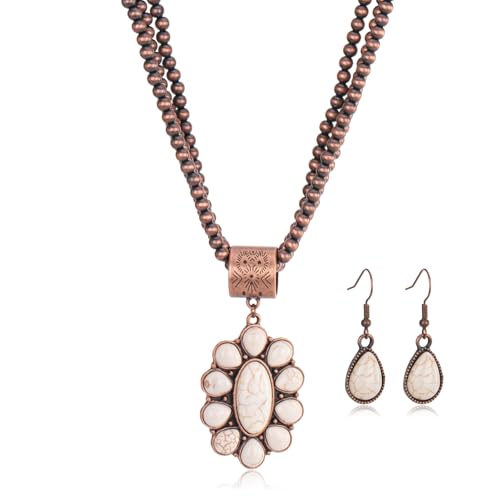 Rustic Couture's Western Turquoise Pendant Necklace Jewelry Set for Women 2 Pieces Cowgirl Vintage Necklace Earring Set RNS-1005WT