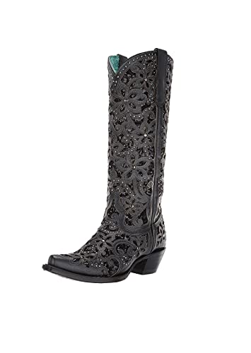Corral Boots Womens Floral Studded Rhinestones Sequins Tooled Inlay Snip Toe Casual Boots Knee High Low Heel 1-2" - Black - Size 9.5 B