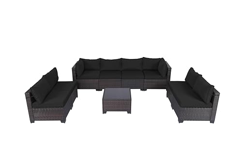 LEVELEVE 9 Pieces Outdoor Patio Furniture Sets,Rattan Conversation Sectional Set,Manual Weaving Wicker Patio Sofa with Tea Table(Black)