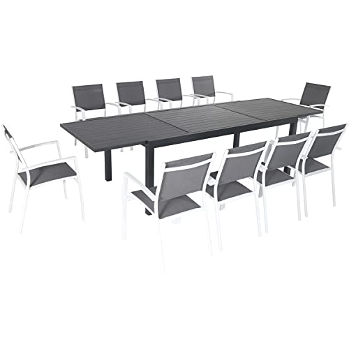 Hanover Naples 11-Piece Outdoor Dining Set with Aluminum 40" x 118" Expanding Patio Table and 10 Stackable Sling Chairs, Modern, Comfortable, and Weather-Resistant Patio Dining Set for 10