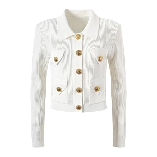 Women Autumn Winter Single Breasted Buttons Cardigan Sweaters Turn Down Neck Knitted Jersey White S