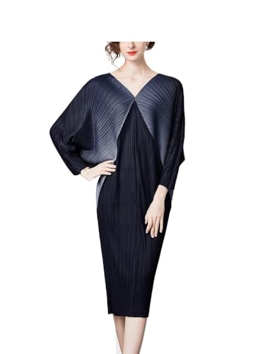 Generic Miyake Batwing Sleeve Pleated Dress Women's Gradient Vintage Party Vestidos Midi Dress Black