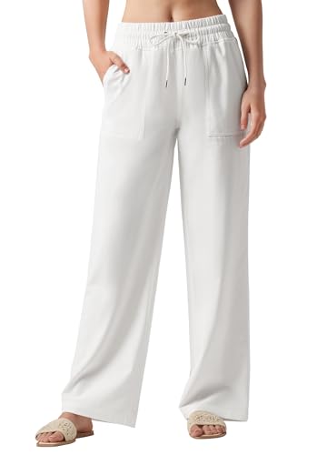 Willit Women Linen Pants Wide Leg Casual Palazzo Pants Cotton Linen Lounge Beach Summer Pants 33" White M