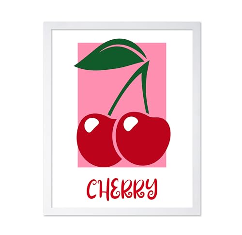 Poster Master Cherry Poster - Red Cherries Print - Food & Drink Art - Gift for Him, Her, Baker, Pastry Chef - Perfect Wall Decor for Kitchen, Restaurant, Bakery, 11x14 White Framed