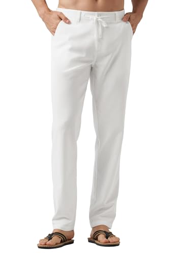 Willit Men's Linen Pants Casual Linen Dress Pants Drawstring Beach Summer Lightweight Trousers White 32W x 30L
