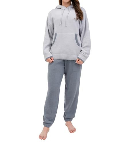 DAVID ARCHY Fleece Pajamas Women Fuzzy Warm Pjs Winter Soft Comfy Lounge Sets Long Sleeve Tops and Pants Sleepwear(M, Gray Hoodie)