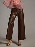 YEXPINE Women's Faux Leather Pants High Waisted Wide Straight Leg Pants PU Trousers with Pockets Brown