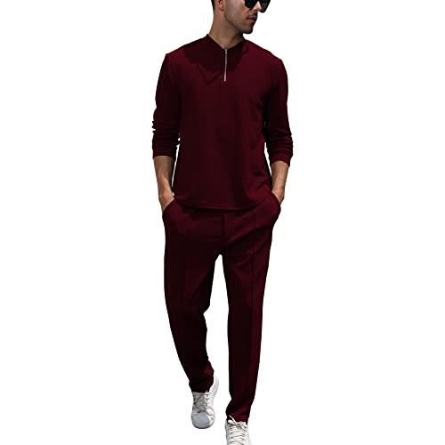 FZNHQL Men's Casual Running Sportswear Suit Tracksuits with Pockets Long Sleeve Workout Sets Outdoor Sweatsuit Jogging Track Suit Red L