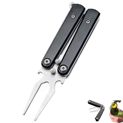 Golf Alloy Forks, Foldable & Flip Golf Divot Repair Tool, 3-in-1 Golf Pitch Mark Tool, Multifunctional Accessory Tools (Black)