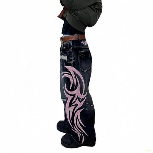 Xojbzoo Unisex Y2K Streetwear Baggy Jeans Retro Totem Print Goth Pants High Waisted Wide Leg Harajuku Hip-Hop Style (Black,Medium)
